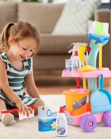 Valymo rinkinys vaikams ant vežimėlio su kibirėliu, mopas, šluotelė