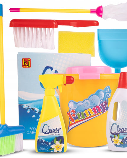 Valymo rinkinys vaikams ant vežimėlio su kibirėliu, mopas, šluotelė