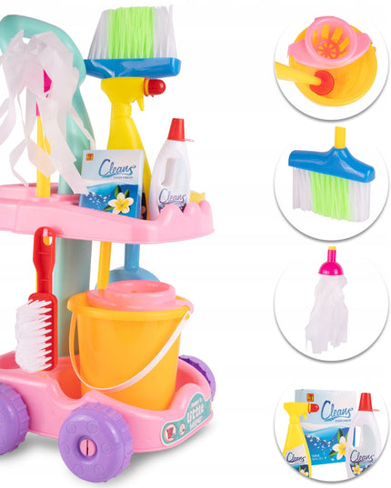Valymo rinkinys vaikams ant vežimėlio su kibirėliu, mopas, šluotelė
