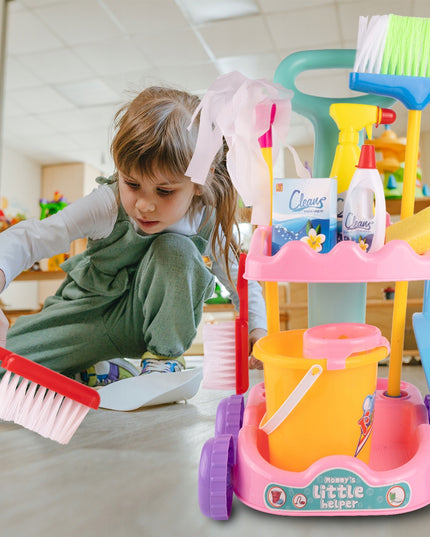 Valymo rinkinys vaikams ant vežimėlio su kibirėliu, mopas, šluotelė