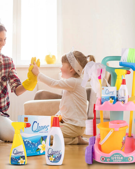Valymo rinkinys vaikams ant vežimėlio su kibirėliu, mopas, šluotelė