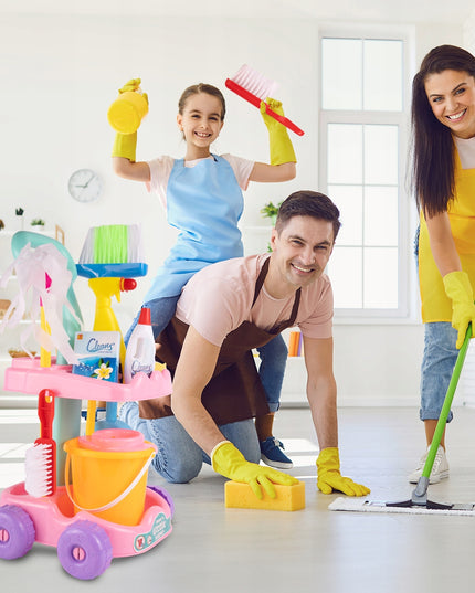 Valymo rinkinys vaikams ant vežimėlio su kibirėliu, mopas, šluotelė