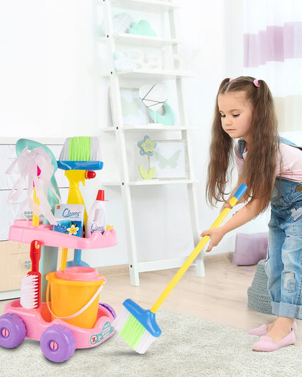 Valymo rinkinys vaikams ant vežimėlio su kibirėliu, mopas, šluotelė