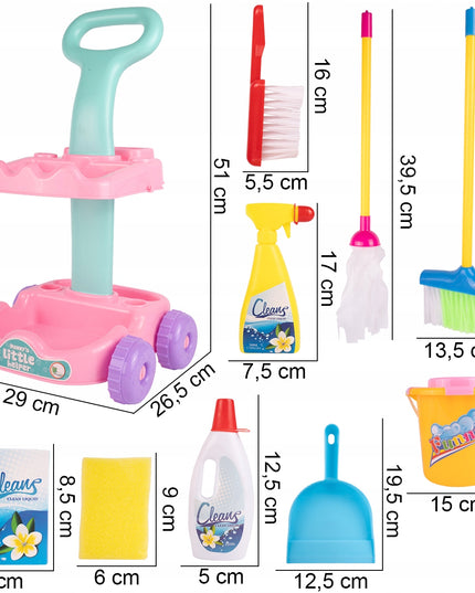 Valymo rinkinys vaikams ant vežimėlio su kibirėliu, mopas, šluotelė