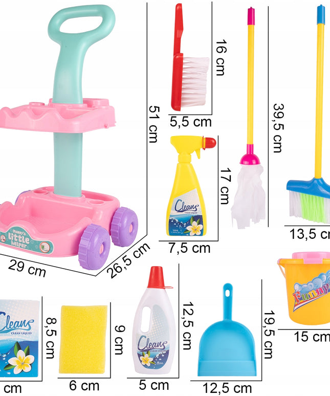 Valymo rinkinys vaikams ant vežimėlio su kibirėliu, mopas, šluotelė