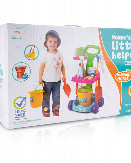 Valymo rinkinys vaikams ant vežimėlio su kibirėliu, mopas, šluotelė