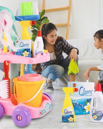 Valymo rinkinys vaikams ant vežimėlio su kibirėliu, mopas, šluotelė