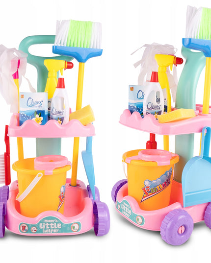 Valymo rinkinys vaikams ant vežimėlio su kibirėliu, mopas, šluotelė