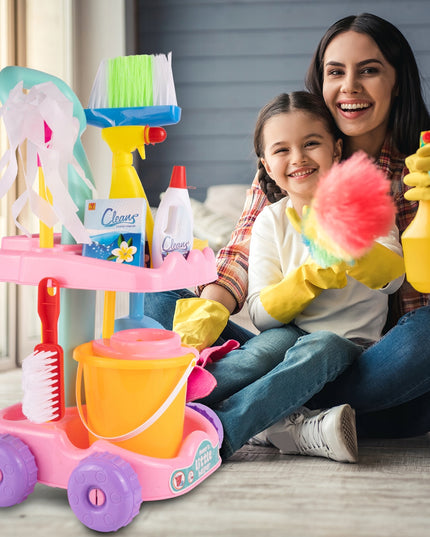 Valymo rinkinys vaikams ant vežimėlio su kibirėliu, mopas, šluotelė