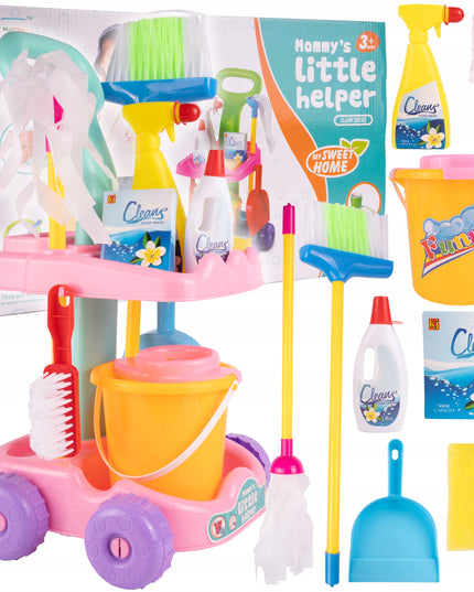 Valymo rinkinys vaikams ant vežimėlio su kibirėliu, mopas, šluotelė