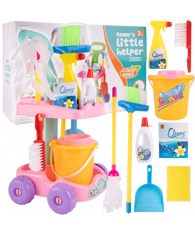 Valymo rinkinys vaikams ant vežimėlio su kibirėliu, mopas, šluotelė