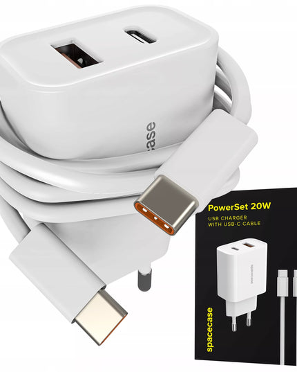 Greitas tinklo įkroviklis Spacecase USB-C USB 20W 3A QC + laidas USB-C PD 60W