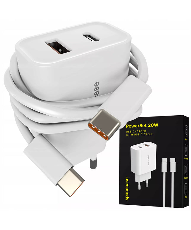Greitas tinklo įkroviklis Spacecase USB-C USB 20W 3A QC + laidas USB-C PD 60W