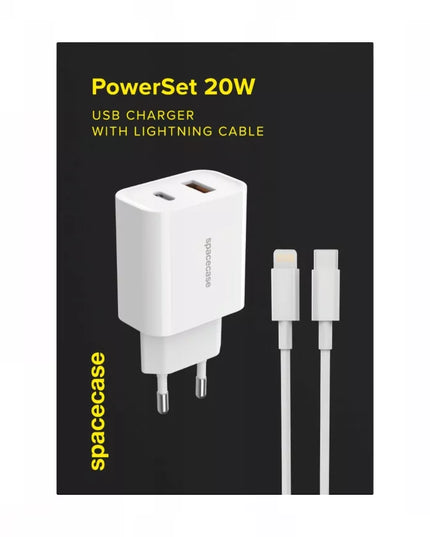 Spacecase greitas USB-C ir USB sieninis įkroviklis 20W + Lightning laidas telefonui