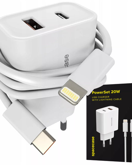Spacecase greitas USB-C ir USB sieninis įkroviklis 20W + Lightning laidas telefonui