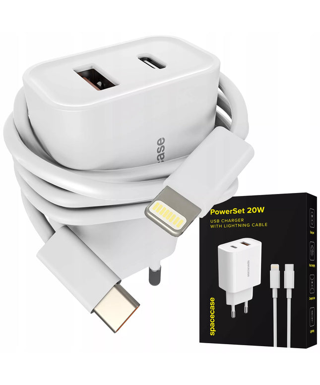 Spacecase greitas USB-C ir USB sieninis įkroviklis 20W + Lightning laidas telefonui