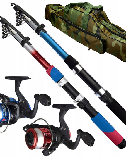 Žvejybos rinkinys 2x meškerė 2x ritė KREPŠYS Tinklas Stovai Granulės Aksesuarai