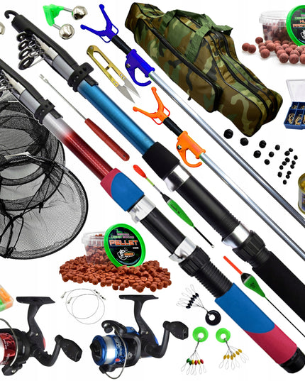 Žvejybos rinkinys 2x meškerė 2x ritė KREPŠYS Tinklas Stovai Granulės Aksesuarai