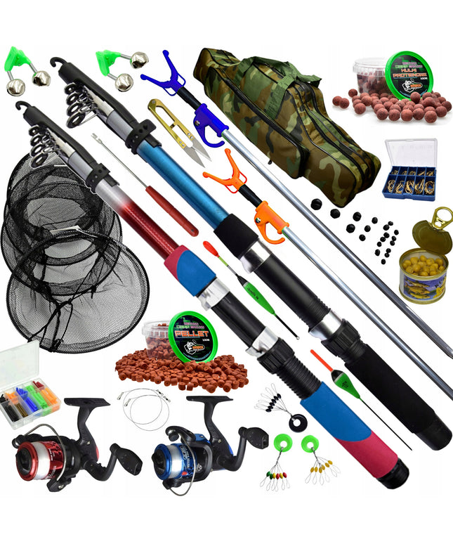 Žvejybos rinkinys 2x meškerė 2x ritė KREPŠYS Tinklas Stovai Granulės Aksesuarai