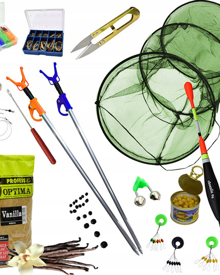 Žvejybos rinkinys 2x meškerė 2x ritė krepšys tinklas stovai jaukas priedai