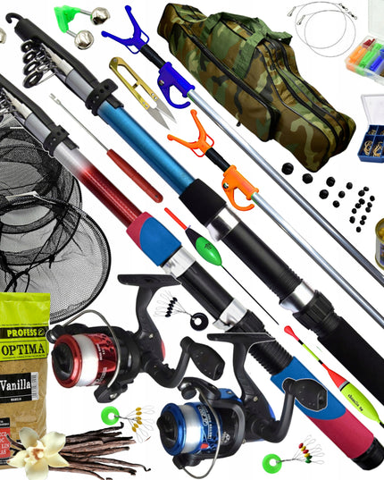 Žvejybos rinkinys 2x meškerė 2x ritė krepšys tinklas stovai jaukas priedai