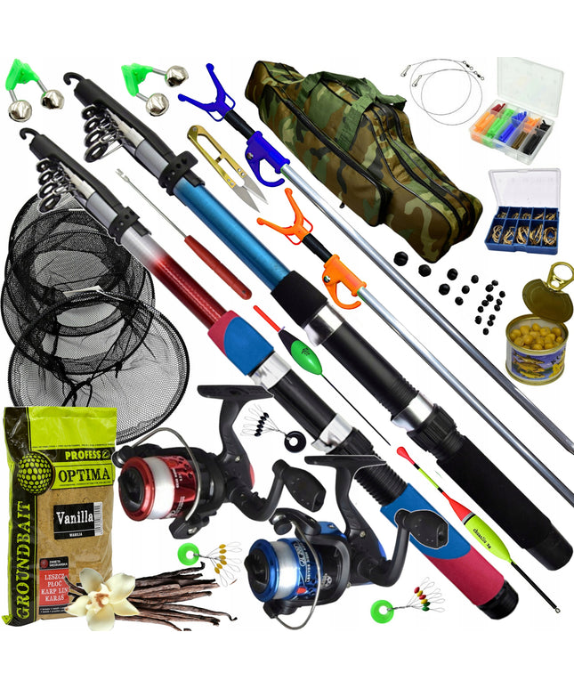Žvejybos rinkinys 2x meškerė 2x ritė krepšys tinklas stovai jaukas priedai