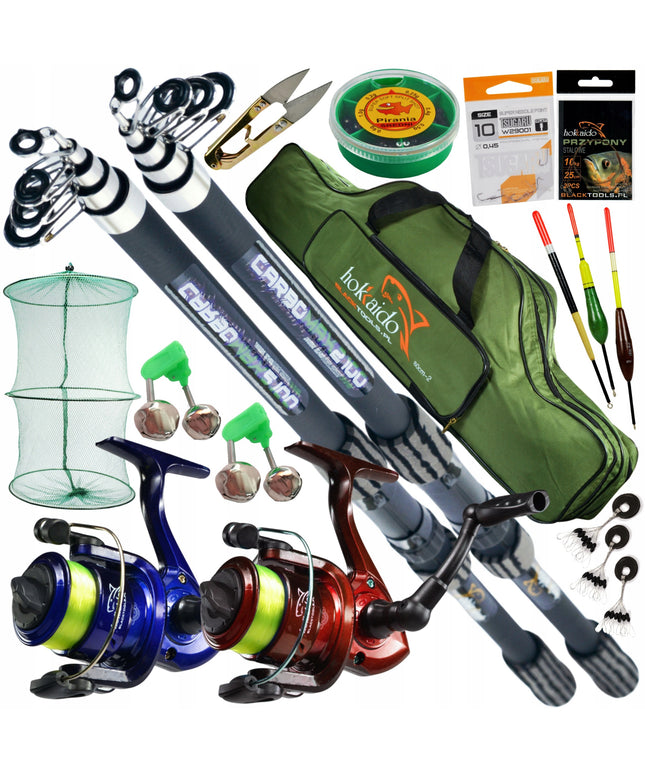 Žvejybos rinkinys plūdinis 2.1m, dvi meškerės, 2x ritės, didelis 17 dalių rinkinys HK