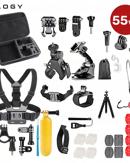 XXL priedų rinkinys GoPro HERO 13, 12, 11, 10, 9 – 55 viename, petnešos, lagaminėlis