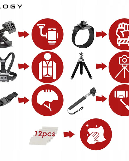 XXL priedų rinkinys GoPro HERO 13, 12, 11, 10, 9 – 55 viename, petnešos, lagaminėlis