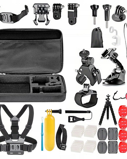 XXL priedų rinkinys GoPro HERO 13, 12, 11, 10, 9 – 55 viename, petnešos, lagaminėlis