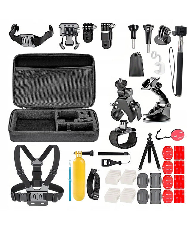 XXL priedų rinkinys GoPro HERO 13, 12, 11, 10, 9 – 55 viename, petnešos, lagaminėlis