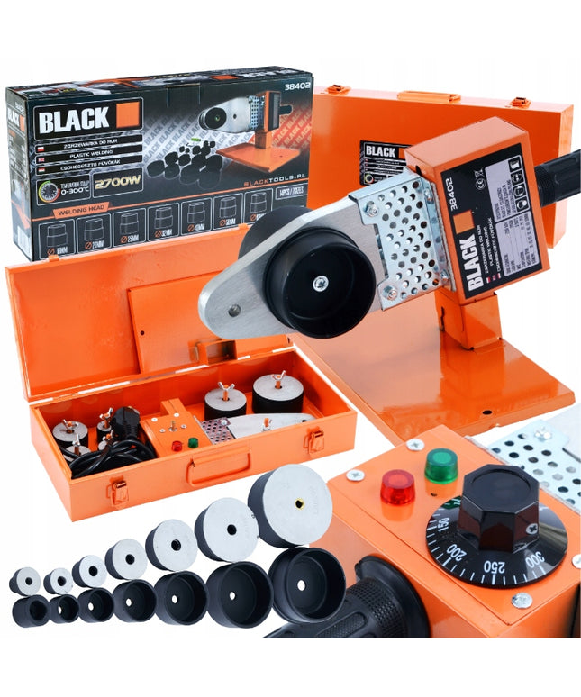 Galingas plastikinių vamzdžių suvirinimo aparatas PP PVC, 7 antgaliai 16-63 mm, BLACK AKCIJA TIK ŠĮ SAVAITGALĮ