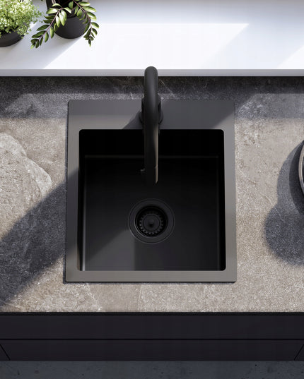 Plieninė vienos kameros juoda virtuvės kriauklė REA LEO 40 cm