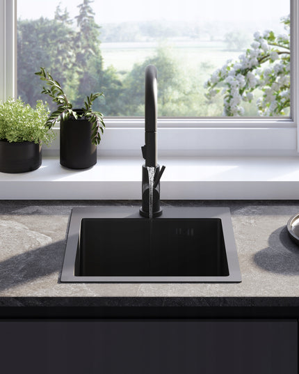 Plieninė vienos kameros juoda virtuvės kriauklė REA LEO 40 cm