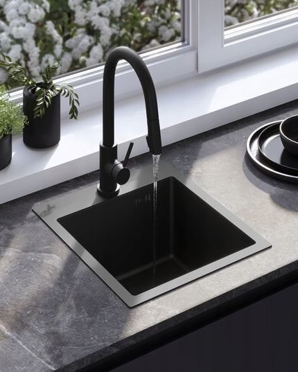 Plieninė vienos kameros juoda virtuvės kriauklė REA LEO 40 cm