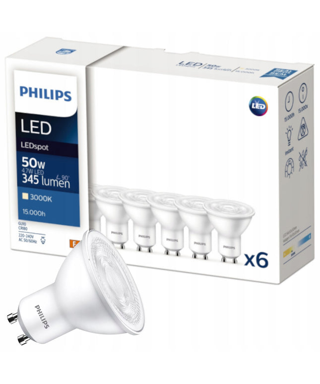 LED lemputė GU10 6x PHILIPS 4.7W = 50W 345lm Šiltai balta 3000K CorePro 36°