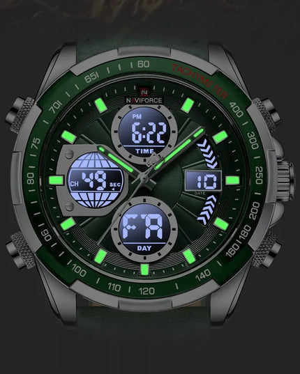 Vyriškas „Naviforce NF9197L“ sportinis laikrodis su tachometru, LED apšvietimu ir odos imitacijos dirželiu