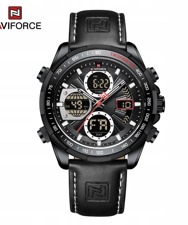 Vyriškas „Naviforce NF9197L“ sportinis laikrodis su tachometru, LED apšvietimu ir odos imitacijos dirželiu