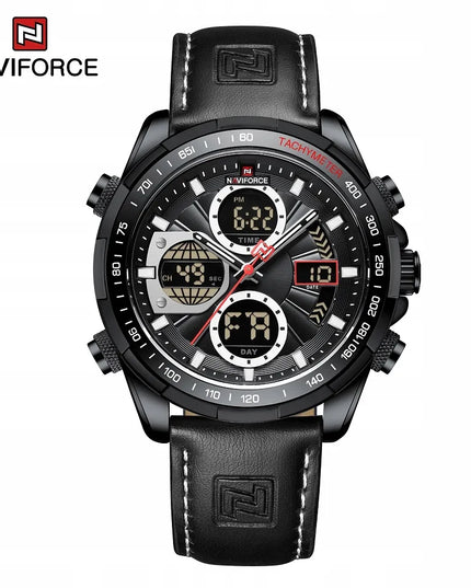 Vyriškas „Naviforce NF9197L“ sportinis laikrodis su tachometru, LED apšvietimu ir odos imitacijos dirželiu
