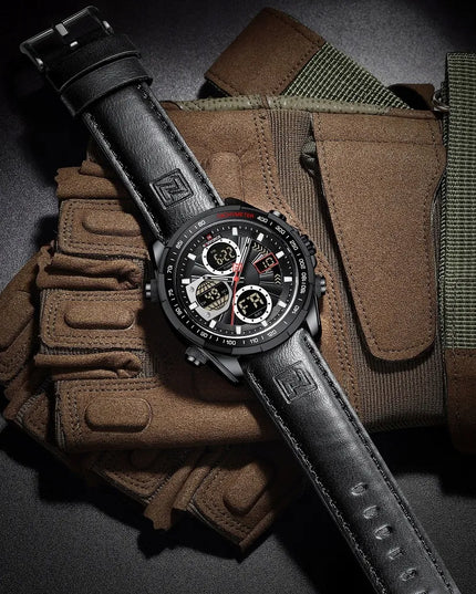 Vyriškas „Naviforce NF9197L“ sportinis laikrodis su tachometru, LED apšvietimu ir odos imitacijos dirželiu