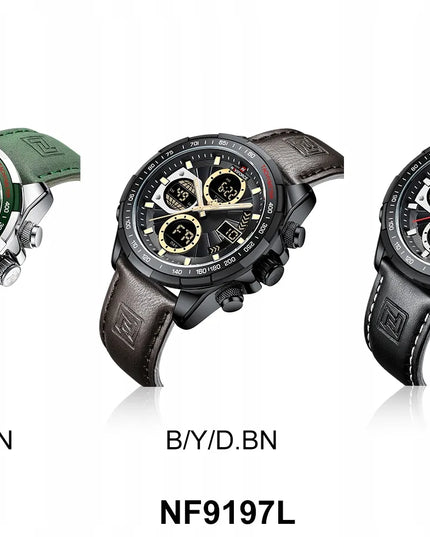 Vyriškas „Naviforce NF9197L“ sportinis laikrodis su tachometru, LED apšvietimu ir odos imitacijos dirželiu