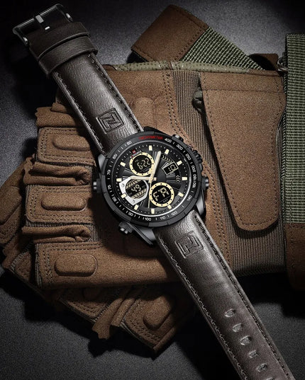 Vyriškas „Naviforce NF9197L“ sportinis laikrodis su tachometru, LED apšvietimu ir odos imitacijos dirželiu