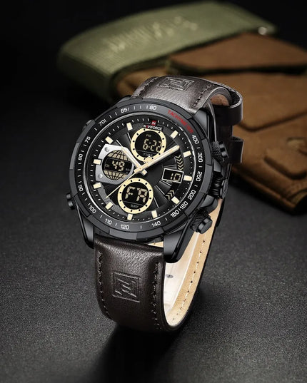 Vyriškas „Naviforce NF9197L“ sportinis laikrodis su tachometru, LED apšvietimu ir odos imitacijos dirželiu