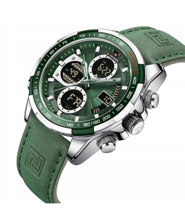 Vyriškas „Naviforce NF9197L“ sportinis laikrodis su tachometru, LED apšvietimu ir odos imitacijos dirželiu