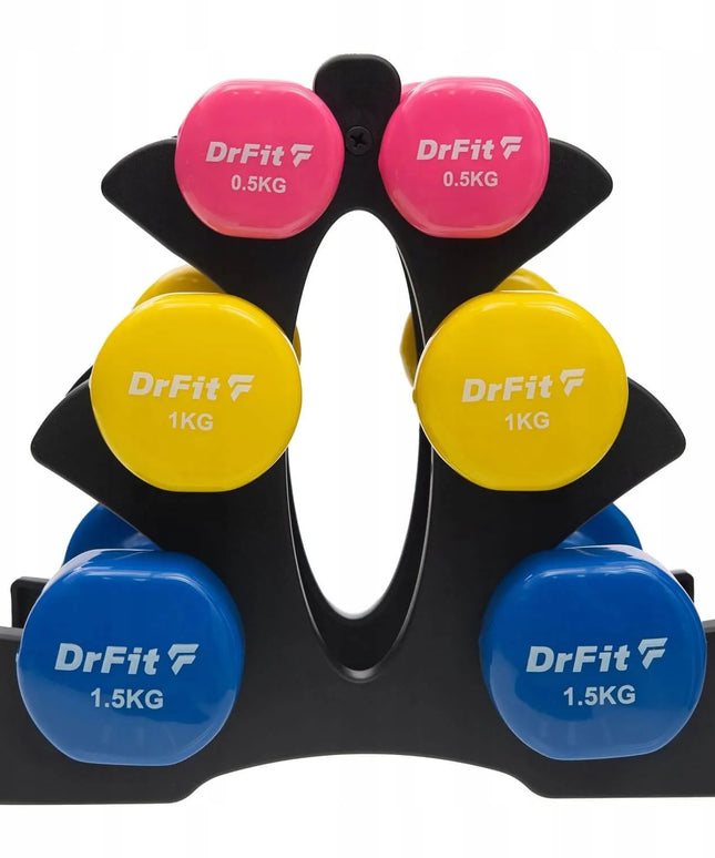 DrFit hantelių rinkinys su stovu, gumuoti spalvoti svarmenys, 6 vnt., įvairus svoris, 6 kg