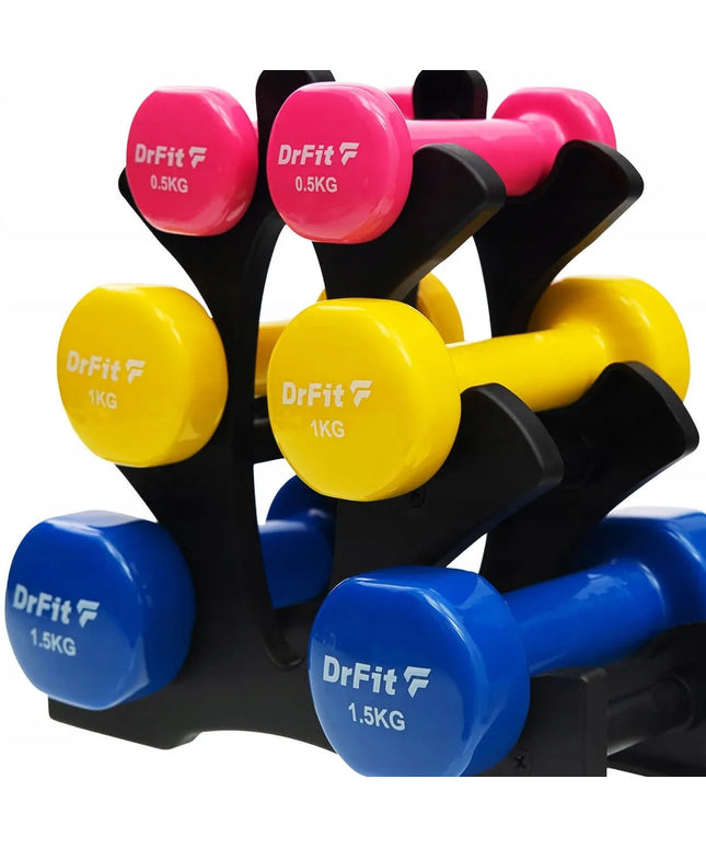 DrFit hantelių rinkinys su stovu, gumuoti spalvoti svarmenys, 6 vnt., įvairus svoris, 6 kg