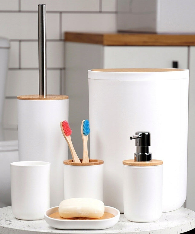 Vonios reikmenų rinkinys: puodelis, WC šepetys, šiukšliadėžė, muilo dozatorius, padėklas