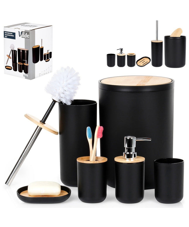 Vonios reikmenų rinkinys: puodelis, WC šepetys, šiukšliadėžė, muilo dozatorius, padėklas