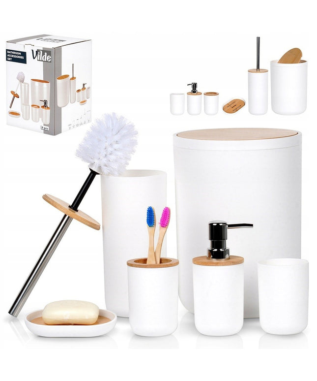 Vonios reikmenų rinkinys: puodelis, WC šepetys, šiukšliadėžė, muilo dozatorius, padėklas
