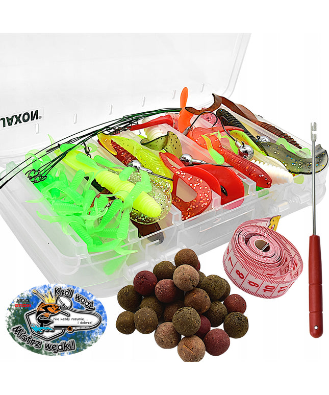 JAXON Masalų rinkinys dėžutėje: kabliukai, svareliai, masalai, 88 vnt.